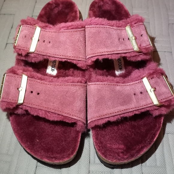 Birkenstock Shoes - Birkenstock Burgundy Fuzzy Sandals